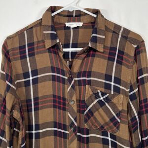 BeachLunchLounge Button Up Flannel Shirt Womens Medium Brown Plaid Rayon Soft